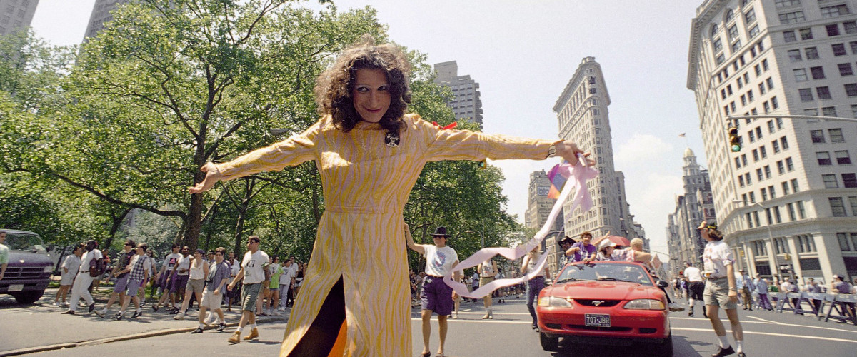 Trans advocate Sylvia Rivera, who helped spark the Stonewall riots of 1969, leads a 25th anniversary commemorative march for the gay rights movement in New York on June 26, 1994. (AP Photo/Justin Sutcliffe)